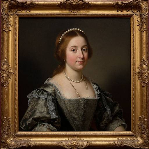Baroque portrait of a fair-skinned woman with brown hair, wearing a pearl headband, pearl necklace, and black lace dress, framed in an