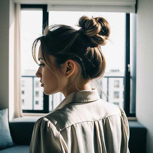 Young Woman with Loose Bun Hairstyle in Silk Blouse