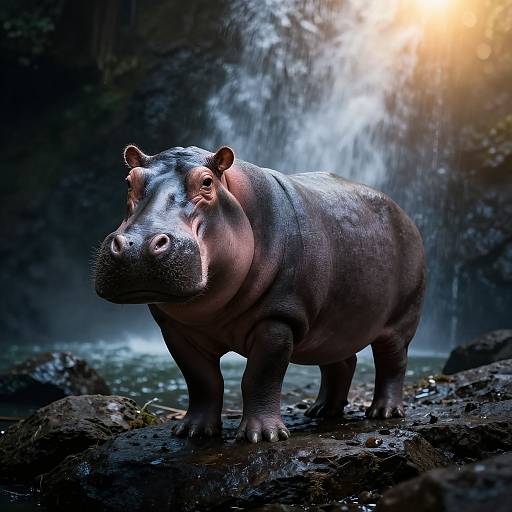 Photorealistic image of a large, gray hippopotamus standing on dark rocks in front of a cascading waterfall with sunlight filtering through dense forest foliage