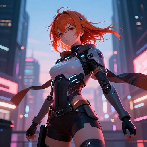 Digital anime-style illustration of a fierce, red-haired woman in a futuristic black and silver bodysuit, standing in a neon-lit cityscape at