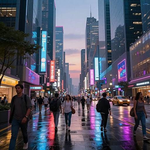 Photograph of a bustling, neon-lit city street at dusk, with rain reflecting vibrant blue, pink, and purple signs on tall skyscrapers