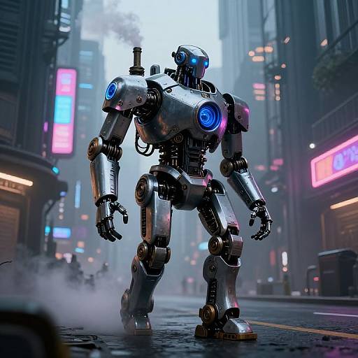 CGI image of a futuristic, silver robot with blue glowing eyes and joints, standing in a neon-lit, foggy city street.