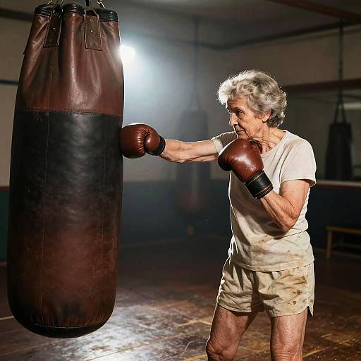 Elderly Female Boxing Coach in Vintage Gym