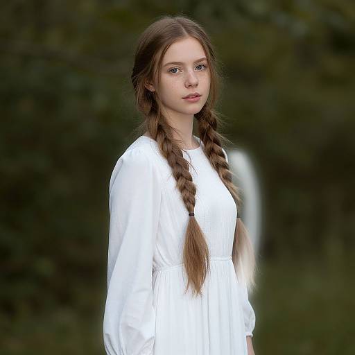 Photograph of a young woman with long, braided brown hair, wearing a white, long-sleeved dress, standing in a forested background