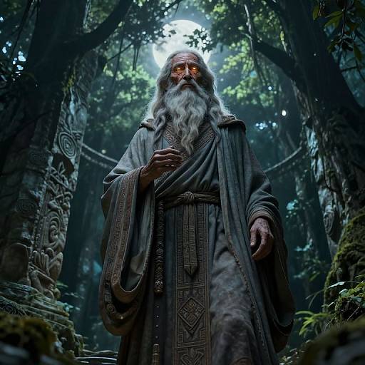 Mystical, ancient wizard with glowing orange eyes, long white beard, and ornate grey robe stands in a dark, enchanted forest. Digital art