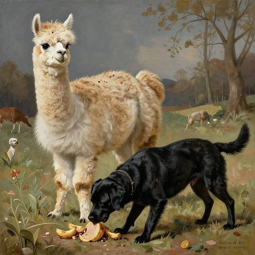 Photorealistic painting of a black Labrador sniffing a peeled banana held by a curious, light-brown llama in a grassy, autumnal landscape