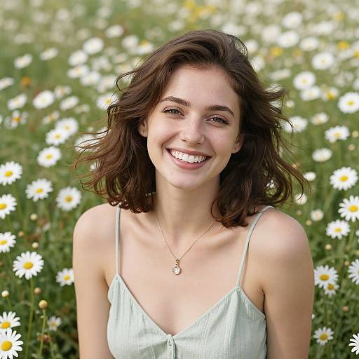Photograph of a smiling young woman with wavy brown hair, wearing a light green, spaghetti-strap dress, surrounded by a field of white d