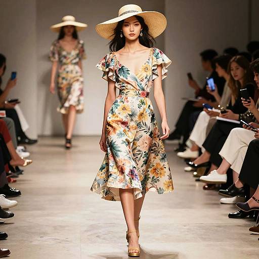 Photograph of a runway model wearing a floral dress, wide-brimmed hat, and sandals, walking towards the camera with another model in the background