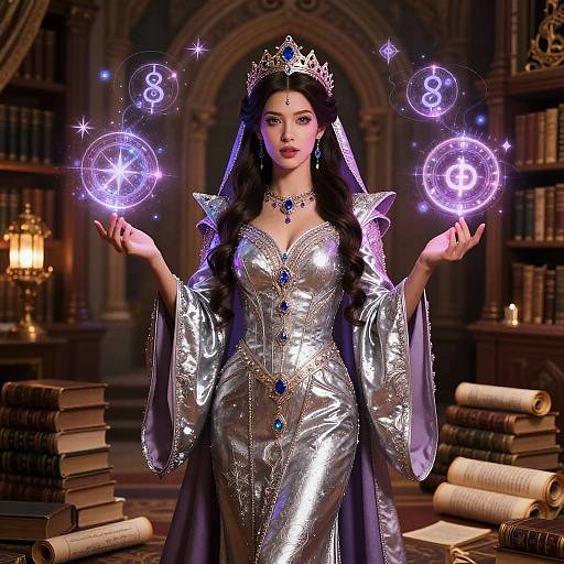Photorealistic digital artwork of a regal woman in a silver, metallic gown, crown, and veil, casting glowing magical orbs in a dimly