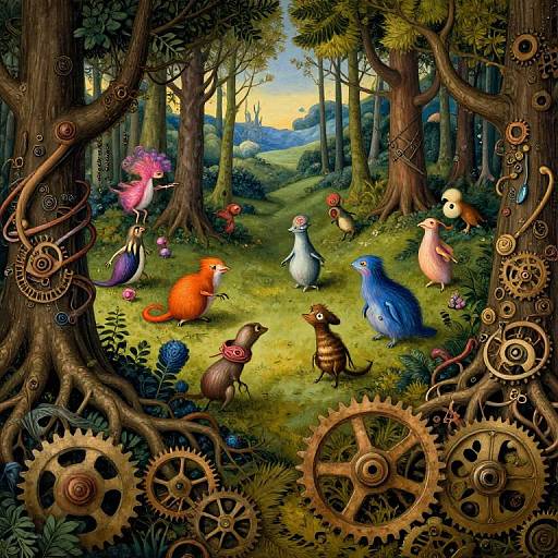 Whimsical forest scene with colorful, anthropomorphic animals amidst large gears, vibrant flowers, and towering trees, under a sunset sky. Digital art.