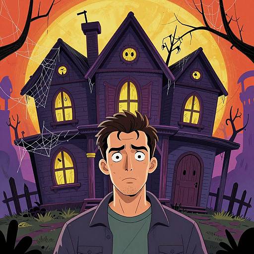 Cartoon-style illustration of a nervous man with brown hair in front of a spooky, dark purple haunted house with glowing windows and a large yellow full moon