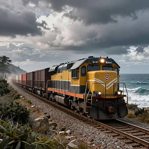 Photograph of a yellow and black freight train with a red logo, traveling along a rocky coastal track under a cloudy sky. Ocean waves in the background