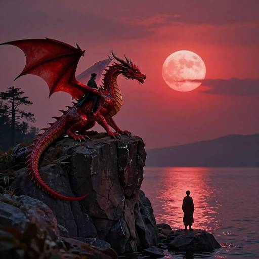 Photograph of a silhouetted person standing on a rocky cliff beside a red dragon with outstretched wings, under a vivid red sunset with