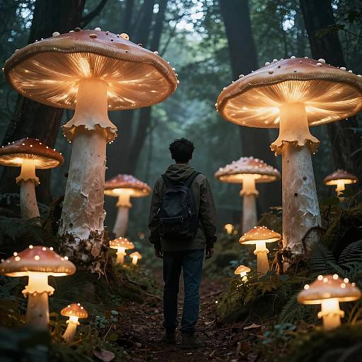 Man in Enchanted Glowing Mushroom Forest