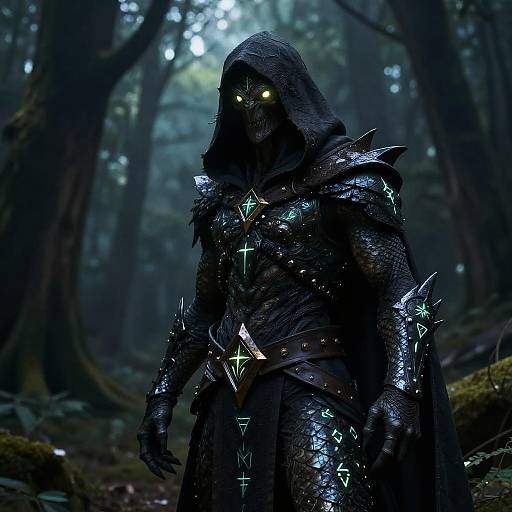 Dark, glowing-eyed forest creature in black, spiked armor with neon runes, hooded, standing in misty, dense woods. Digital fantasy art.