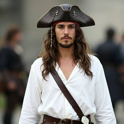 Photograph of a long-haired man with a beard wearing a black tricorn hat and white shirt, resembling an 18th-century pirate, standing outdoors