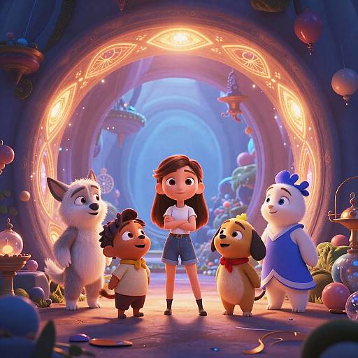 CGI image of five anthropomorphic animals in a magical, glowing tunnel with enchanted orbs and lanterns. Centered girl stands tall, surrounded by a