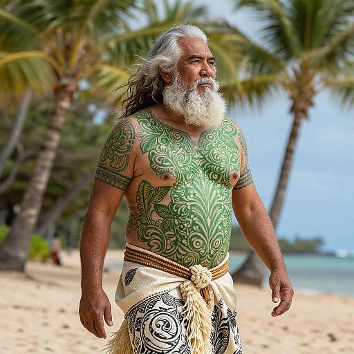 Photograph of an elderly, muscular man with a white beard, green tribal tattoos, and white-patterned loincloth, walking on a tropical beach