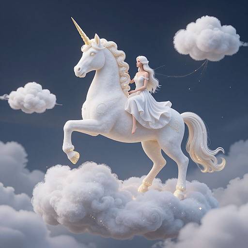 Digital art of a white-haired fairy in a white dress riding a white unicorn, soaring on fluffy clouds against a deep blue sky.