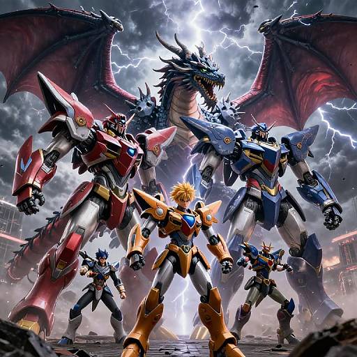 Digital illustration of five robotic warriors, led by a golden-clad leader, facing a towering, red and blue dragon-like mecha amidst a lightning-filled