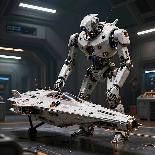 CGI image of a white, humanoid robot repairing a damaged white spacecraft in a dimly lit, futuristic hangar with blue and yellow lights.