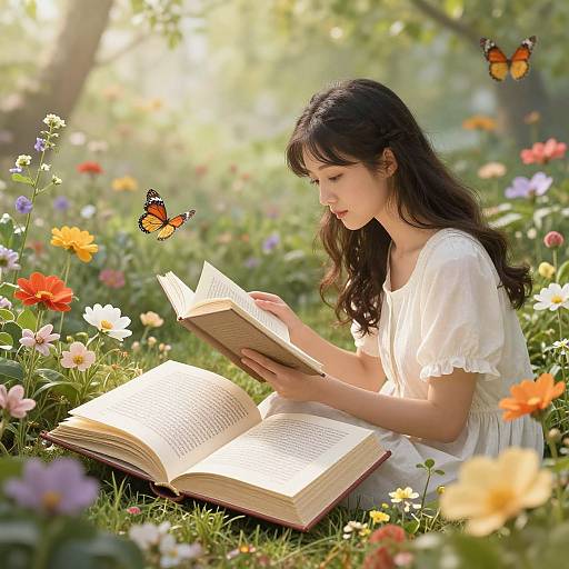 Photograph of a young Asian woman in a white dress, reading an open book in a sunlit, colorful flower meadow, with two butterflies flutter