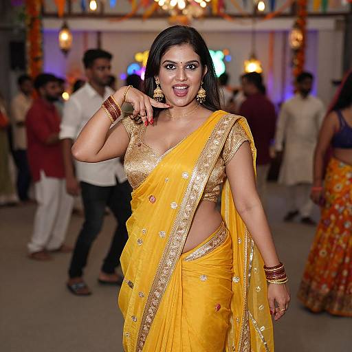 Photograph of a beautiful Indian woman in a vibrant yellow saree with gold embroidery, standing confidently in a festive, dimly-lit room, surrounded