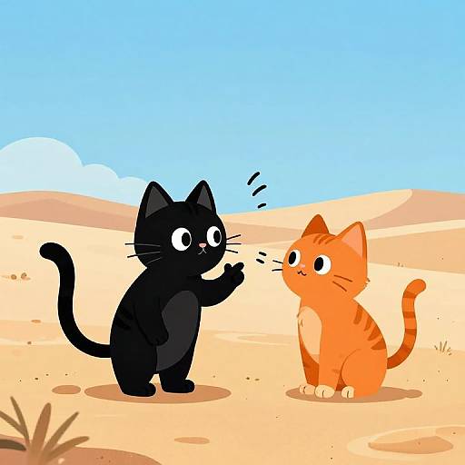 Cartoon-style digital drawing of a black cat and orange tabby cat standing in a sandy desert, with the black cat reaching out to the surprised orange