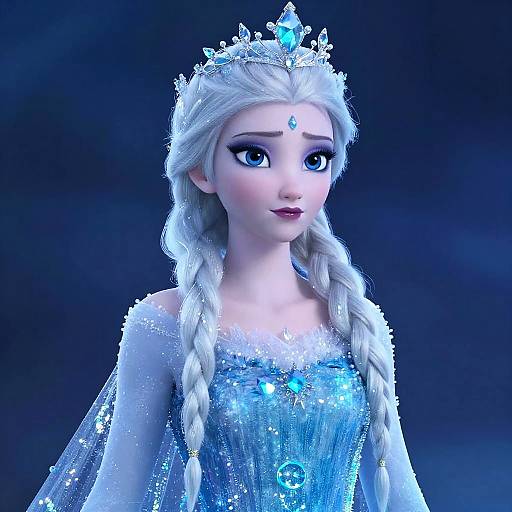 CGI image of Elsa from Frozen, with long white braided hair, blue eyes, and a sparkling silver ice-blue gown, wearing a jeweled