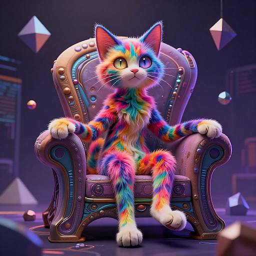Digital art of a vibrant, multicolored cat with rainbow fur and heterochromatic eyes, sitting regally on a ornate, studded throne