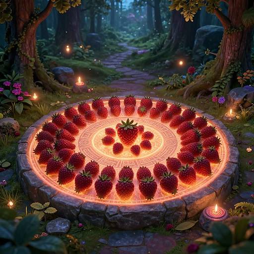 Mystical forest scene with a glowing, circular strawberry arrangement surrounded by candles, illuminated runes, and surrounded by lush greenery.