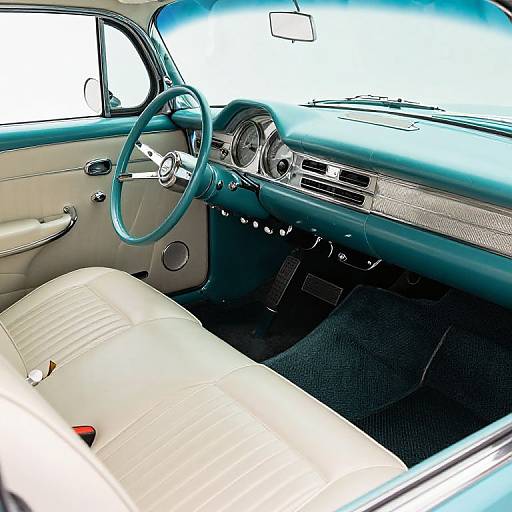 Photograph of a vintage car interior with teal steering wheel, cream leather seats, circular dashboard gauges, and chrome accents.