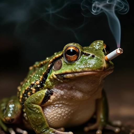 Close-up photograph of a green, shiny frog with a cigarette smoke curling from its mouth against a dark, blurred background.