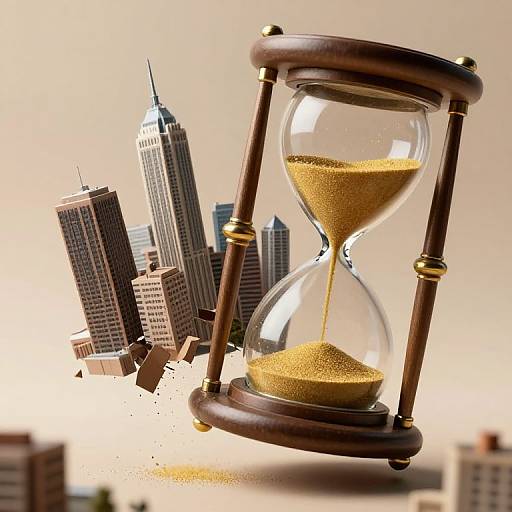 Photograph of a wooden hourglass with golden sand, set against a cityscape of skyscrapers, symbolizing time passing in a bustling urban environment