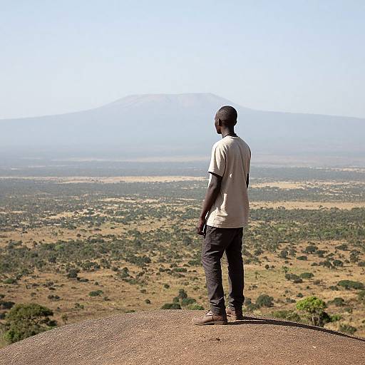 Photograph of a black man in a white shirt and black pants standing on a rocky outcrop, gazing at a vast, hilly, green