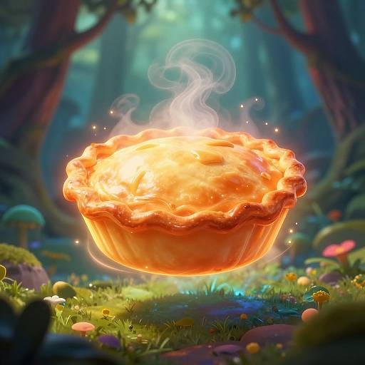 Digital art: Glowing, fiery cupcake with steam rising, suspended in enchanted forest with colorful mushrooms, lush greenery, and soft light beams.