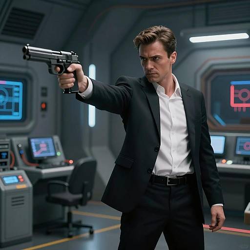 Man in Suit Aiming Pistol in Futuristic Control Room