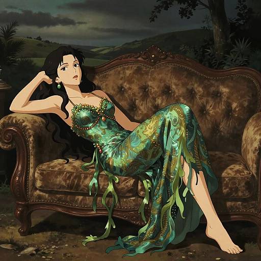 Digital art: Dark-haired woman in green, beaded, flowing dress lounges on vintage brown couch under a twilight sky, surrounded by foliage.