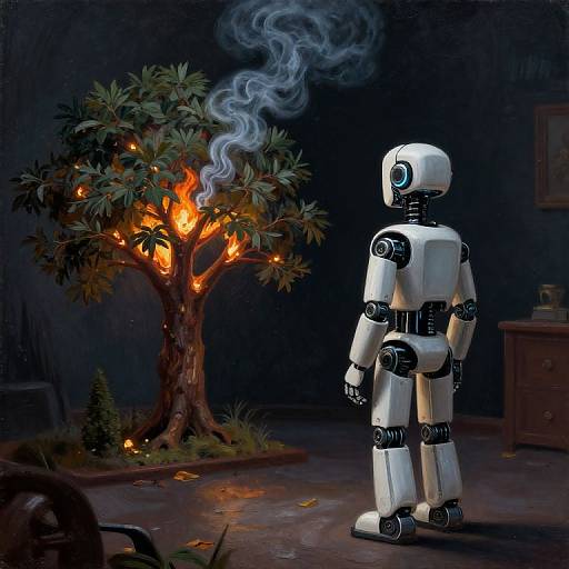 Digital artwork: White robotic figure with black joints stands in dark room, smoking a tree with bright orange flames and thick smoke.
