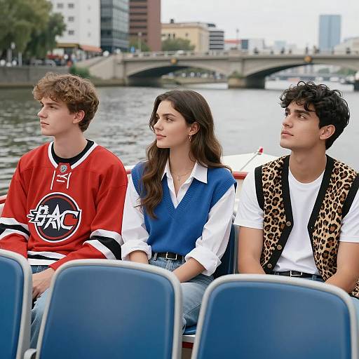 Three young people on urban river boat