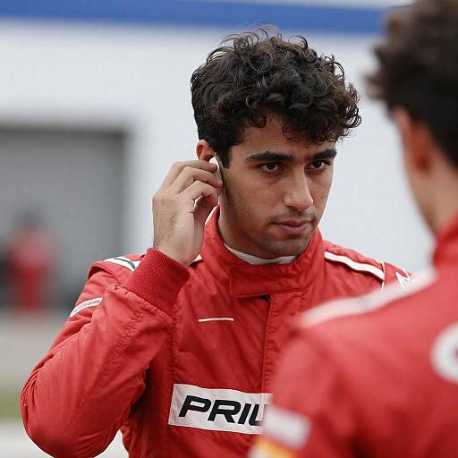 Focused Racecar Driver in Red Suit