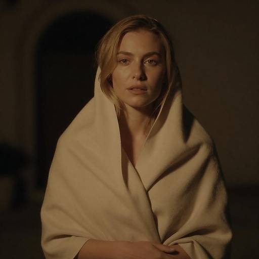 Woman Wrapped in Beige Shawl at Night