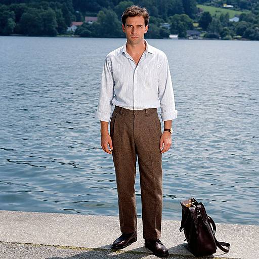 Photograph of a serious, dark-haired man in a white striped shirt and brown pants standing by a lake with a black bag beside him.