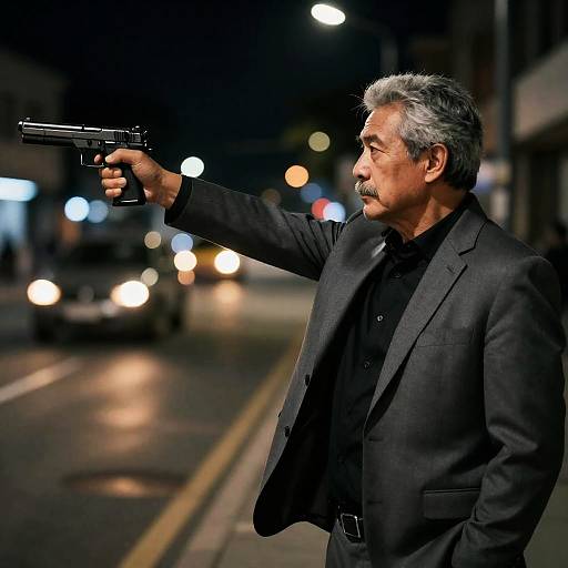 Intense Urban Night Scene with a Gunman