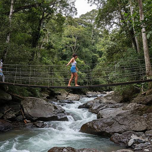 Photograph of a woman in a white tank top and blue shorts crossing a suspended rope bridge over a rocky, rushing river in a dense, green forest