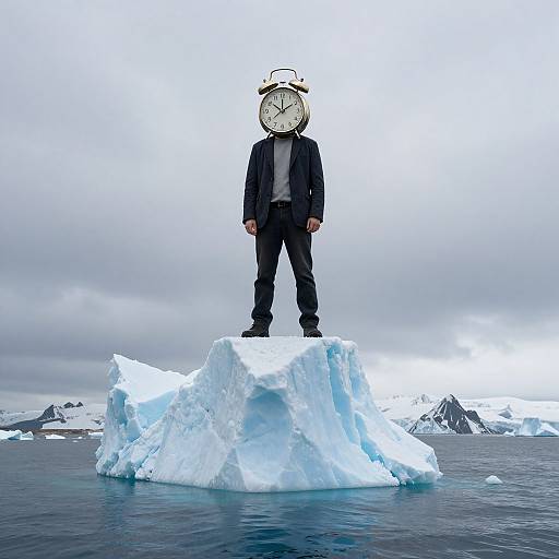 Photograph of a mannequin in a black suit with an antique alarm clock head, standing on a blue ice floe, over a calm ocean