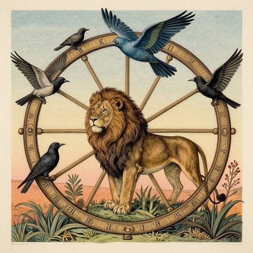 Illustration of a majestic lion standing within a wooden wheel, surrounded by four birds (two black, two blue) against a sunset sky.