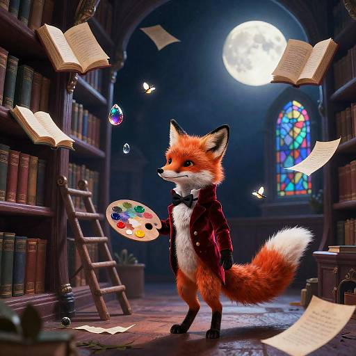 Moonlit Fox Painter in Enchanted Library