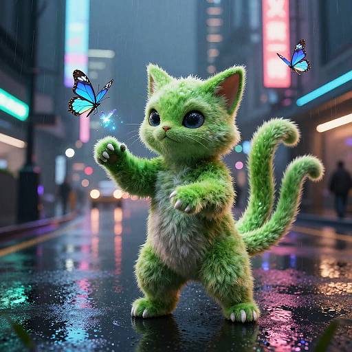 Neon Alien Cat in Cyberpunk City