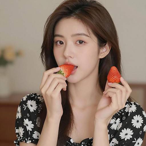 East Asian Woman Eating Strawberries
